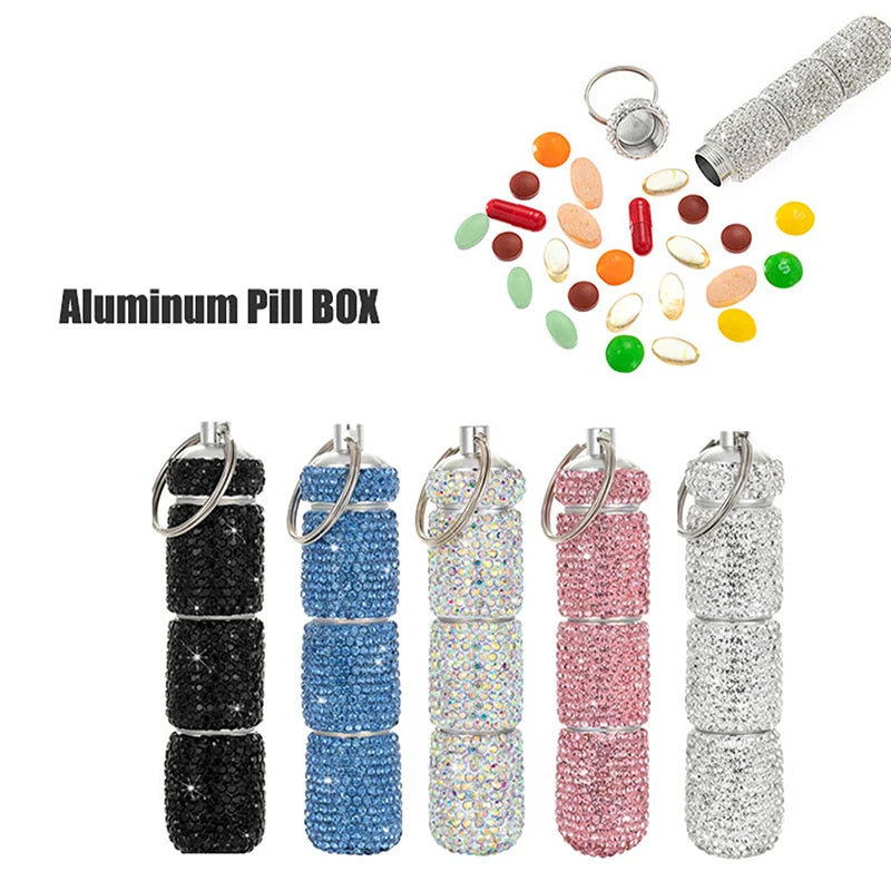 Bling Diamond Pill Case Medicine Storage Box Organizer Bottle with Keyring Portable Metal Rhinestone Pill Box for Travel