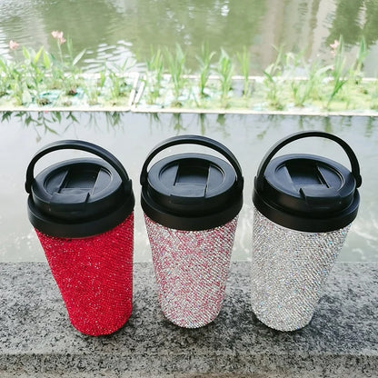 Handmade 16.9OZ Bling Coffee Cup Diamond Vacuum Thermos Water Bottle Car Tumbler Mug Stainless Steel Rhinestone Cups with Lid