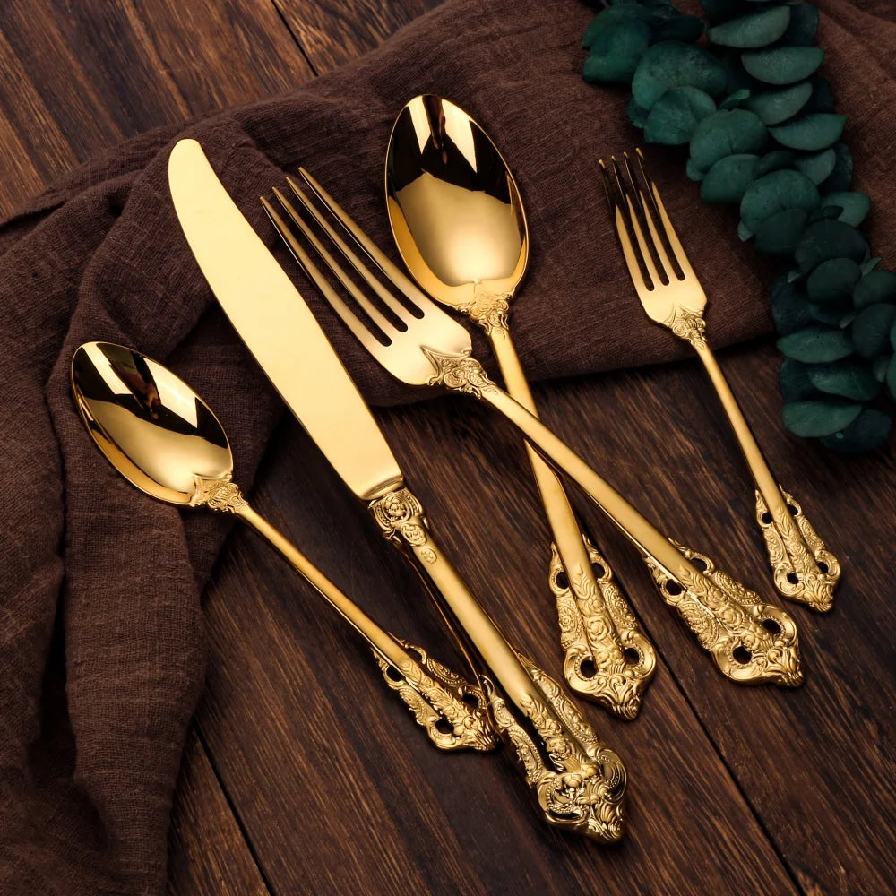 Gorgeous Gold-Plated Cutlery Set 5/10/15/20/25/30 PCS Luxury Stainless Steel Flatware Set Baroque Hollow Handle Dinner Knife