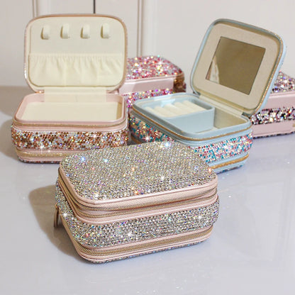 Diamond-set Double Zipper Jewelry Portable Storage Box With Mirror Ring Earrings Necklace Rhinestones Case Lipstick Makeup