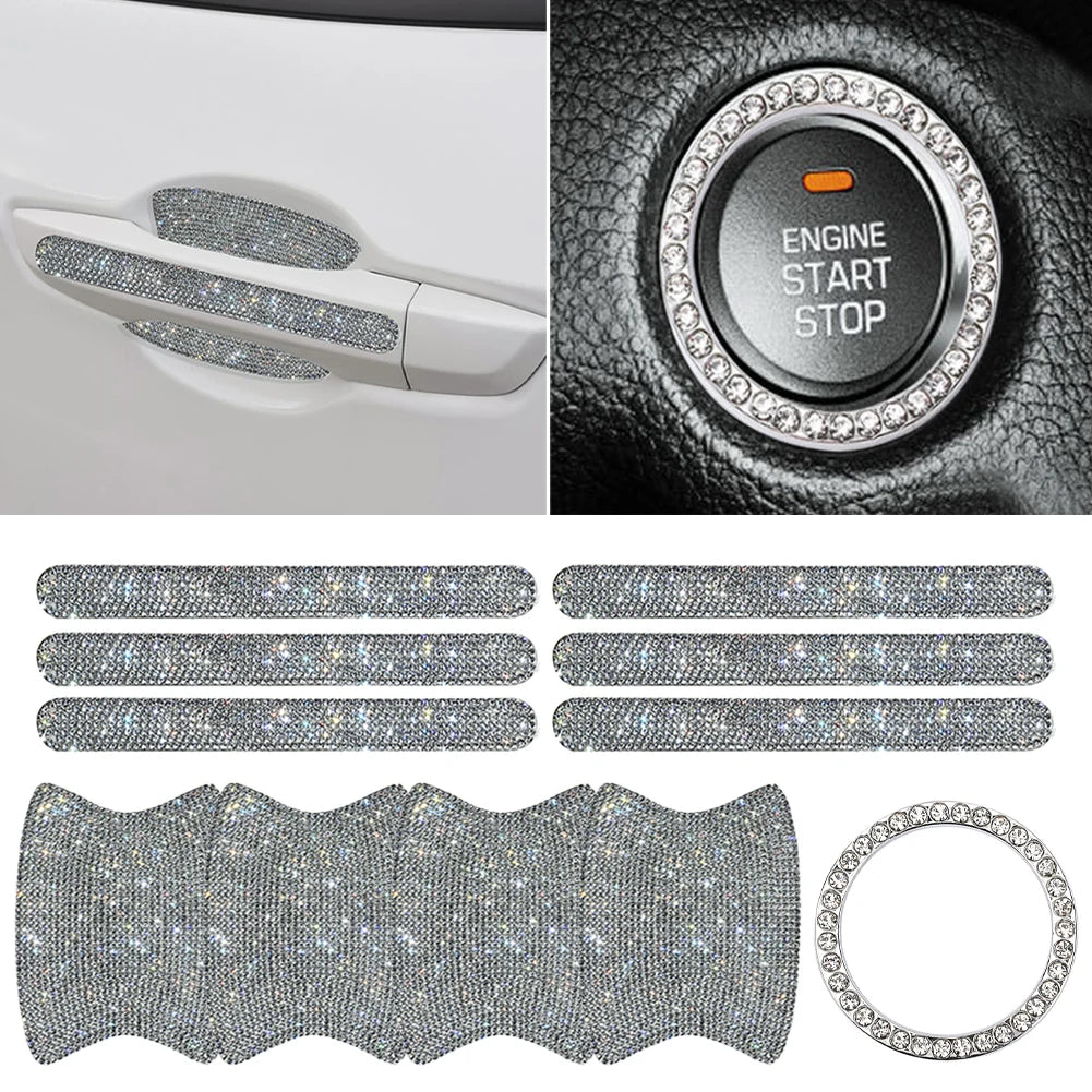 8pcs Bling Car Door Bowl&Door Handle Protector Kit Shiny Rhinestones Scratch-Resistant Stickers Door Cup Handle Protective Film