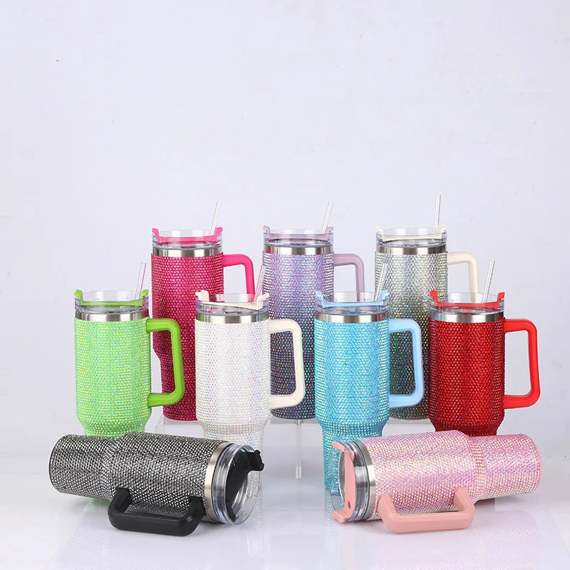 40oz Rhinestone Studded Diamond Bling Stainless Steel Tumbler with Handle Car Trtavel Outdoor Coffe Mugs with Straws