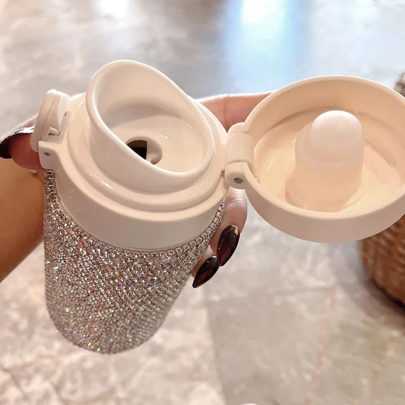 300ml Bling Diamond Stainless Steel Spring Cap Insulation Cup Portable Vacuum Flasks Women's Office Mug Travel double Thermoses