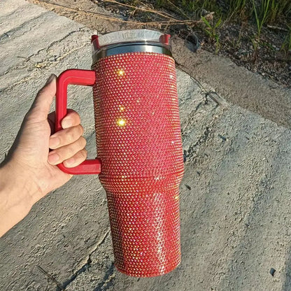 40oz Rhinestone Studded Diamond Bling Stainless Steel Tumbler with Handle Car Trtavel Outdoor Coffe Mugs with Straws