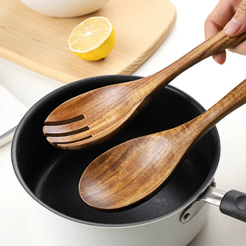 2Pcs Wooden Spoon Ladle Large Soup Spoon Japanese Kitchen Serving Spoons Long Handle Wood Spoon Fork Salad Serving Set Tableware