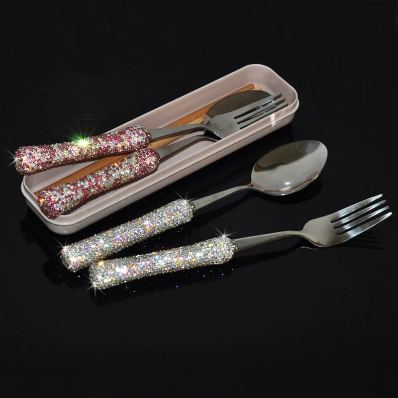 Luxury Spoon Fork Knife Set 304 Stainless Steel Cutlery Tableware Bling Sparkling Diamond Flatware Dish Set Dinnerware Set Gift