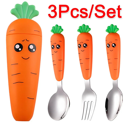 3/1pcs Baby Feeding Utensils Cartoon Carrot Fork Spoon Kids Cutlery Set Children Eat Tableware Kitchen Tool Fruit Fork Teaspoon