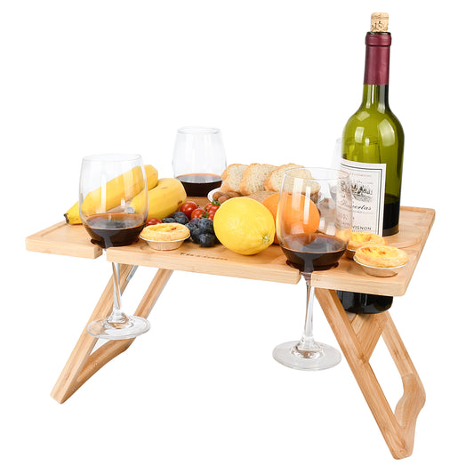 Outdoor Wine Picnic Folding Portable Bamboo Table 17" X 12.6", Camping with Glasses & Bottle Holder for Concerts at Park Beach