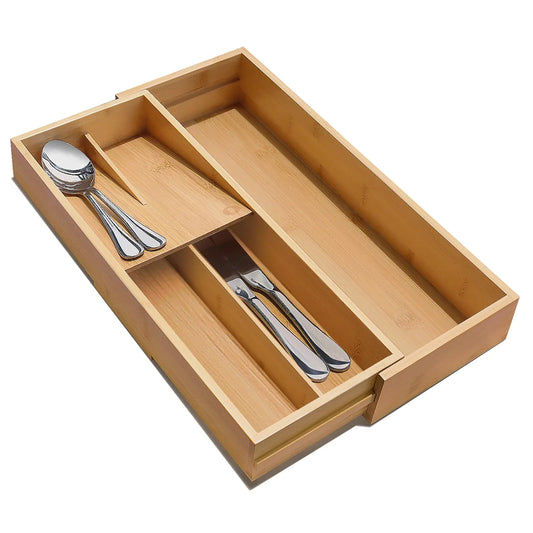 guiogc Expandable Bamboo Kitchen Drawer Organizer - Silverware Organizer - Utensil Holder and Cutlery Tray for Flatware Organizers and Kitchen Utensils