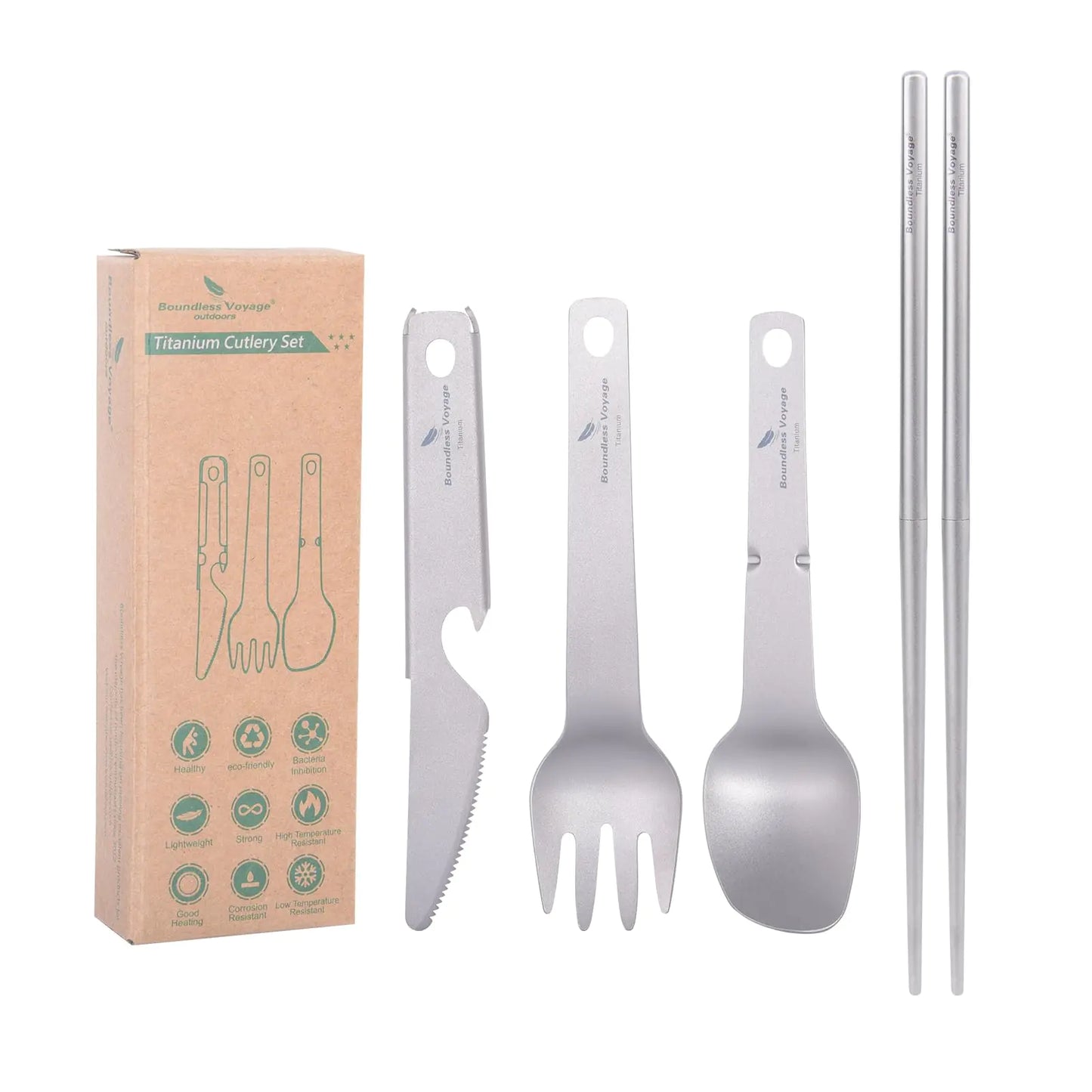 Boundless Voyage Titanium Spoon Fork Knife Telescopic Chopsticks Kitchen Utensils Set Folding Tableware Dinnerware Set Camping Flatware for 1-4 Person