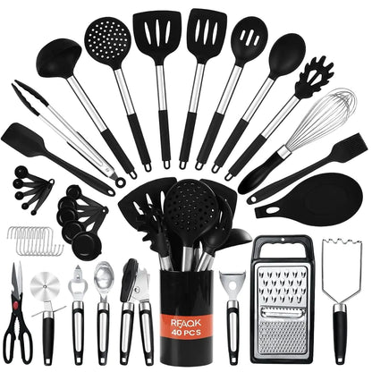40PCs Silicone Cooking Utensils Set 446℉ Heat Resistance RFAQK BPA Free Kitchen Utensils Set for Nonstick Cookware Gadgets includes Can Opener Potato SmasherPeelerTongsSpatula SetPizza Cutter