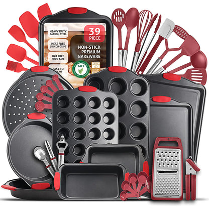 Baking Pan Set 39 Piece Premium Baking Set Nonstick Bakeware Sets BPA Free Cookie Sheets for Baking Nonstick Set Steel Baking Sheets for Oven with Muffin Pan Cake Pan & Red Kitchen Utensils
