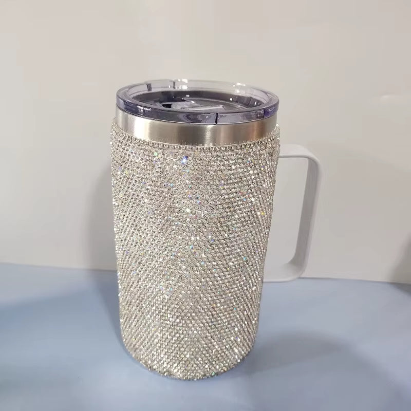 720Ml Stainless Steel Rhinestone Coffee Travel Cup with Handle Lid Diamond Vacuum Insulated Mug Bling Water Bottle Women Gifts