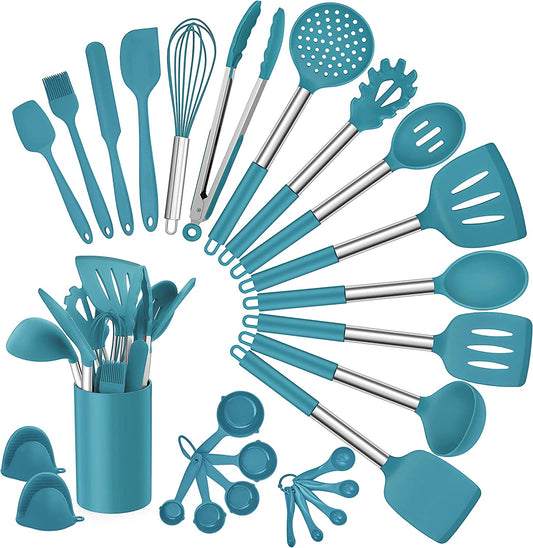 Homikit 27 Pieces Silicone Cooking Utensils Set with Holder, Kitchen Utensil Sets for Nonstick Cookware, Dark Navy Blue Kitchen Tools Spatula with Stainless Steel Handle, Heat Resistant