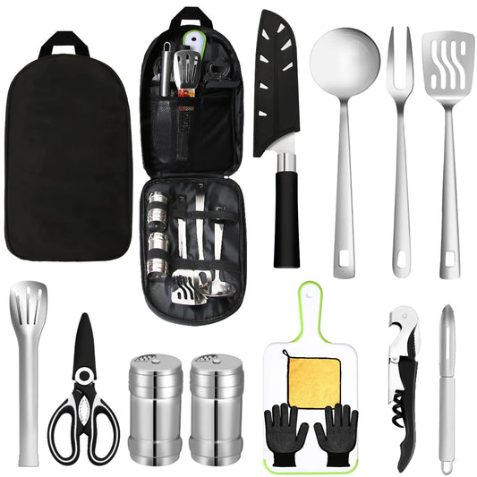 AOFUXTI 15PCS Essential Camping Utensils Cooking Set Traveling Picnic Cookware Gear Accessories Fun Tent Camper Kitchen Cutting Board and Knife Must Have Cool Tool Supplies for Outdoor Camping