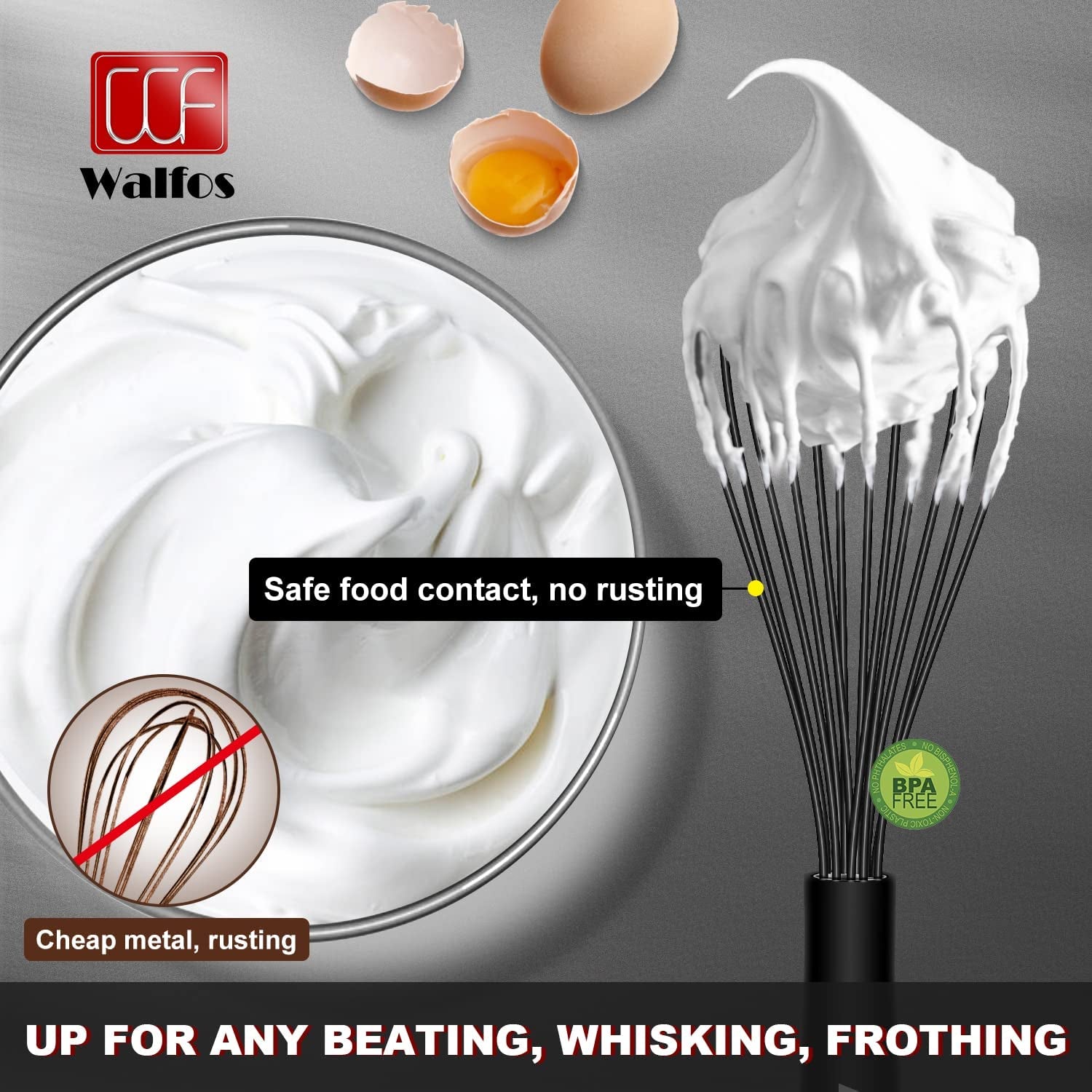 Walfos Silicone Whisk, Stainless Steel Wire Whisk - Heat Resistant Kitchen Whisks for Non-Stick Cookware, Balloon Egg Beater Perfect for Blending, Whisking, Beating, Frothing & Stirring, 8.5", Black