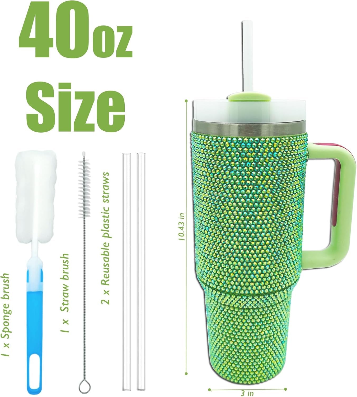 40Oz Bling Tumbler with Handle and Straw Lid Rhinestone Studded Tumbler Cups Vac