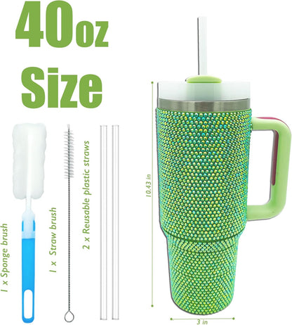 40Oz Bling Tumbler with Handle and Straw Lid Rhinestone Studded Tumbler Cups Vac