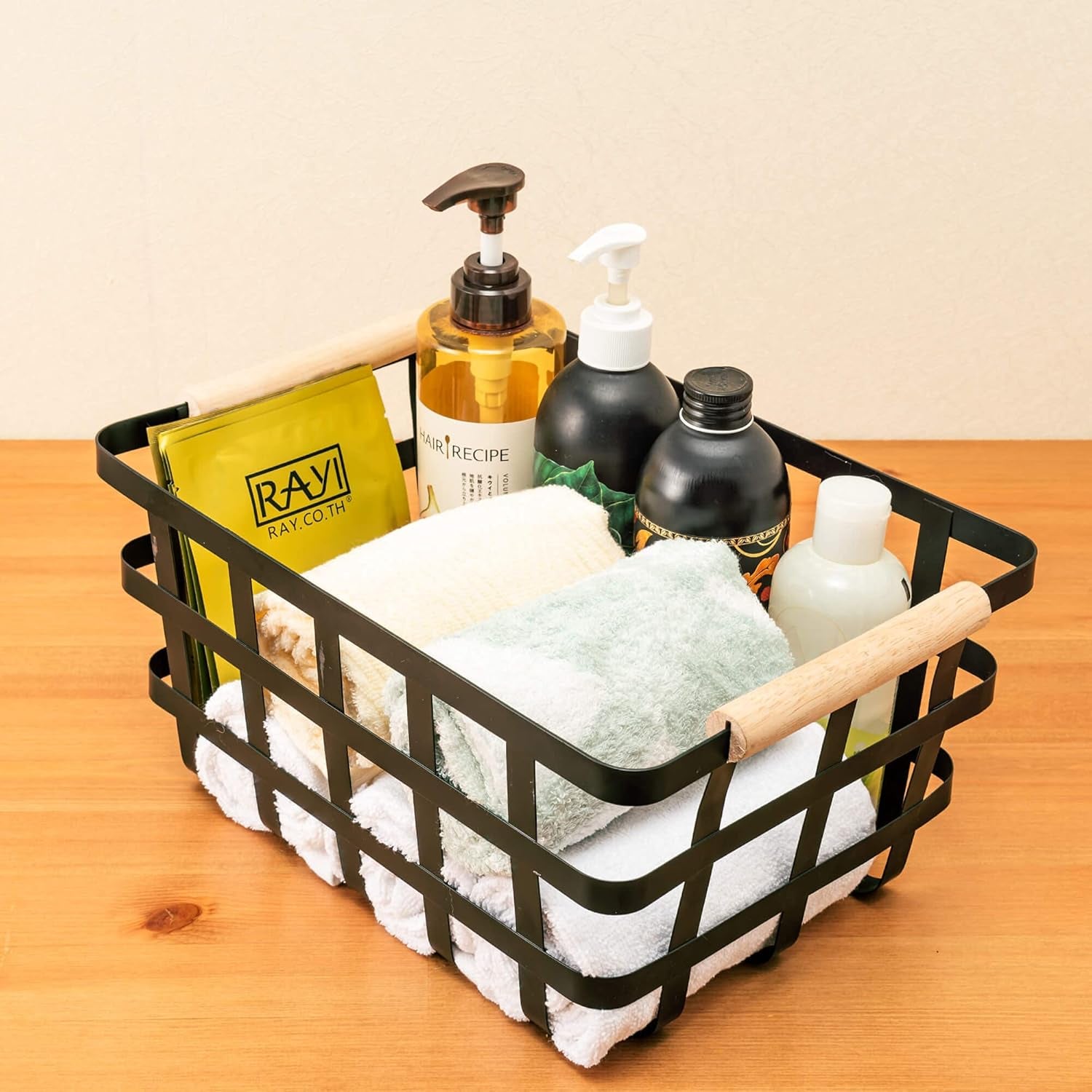 Black Farmhouse Baskets Pantry Baskets with Wooden Handles - Household Storage Organizer for Cabinets,Pantry,Closets,Kitchen,Bedrooms,Refrigerator,Freezer Baskets