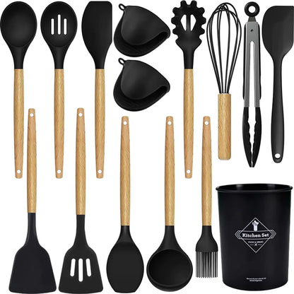 15 silicone kitchen tool sets kitchen utensils set heat resistant silicone (black 15 sets)