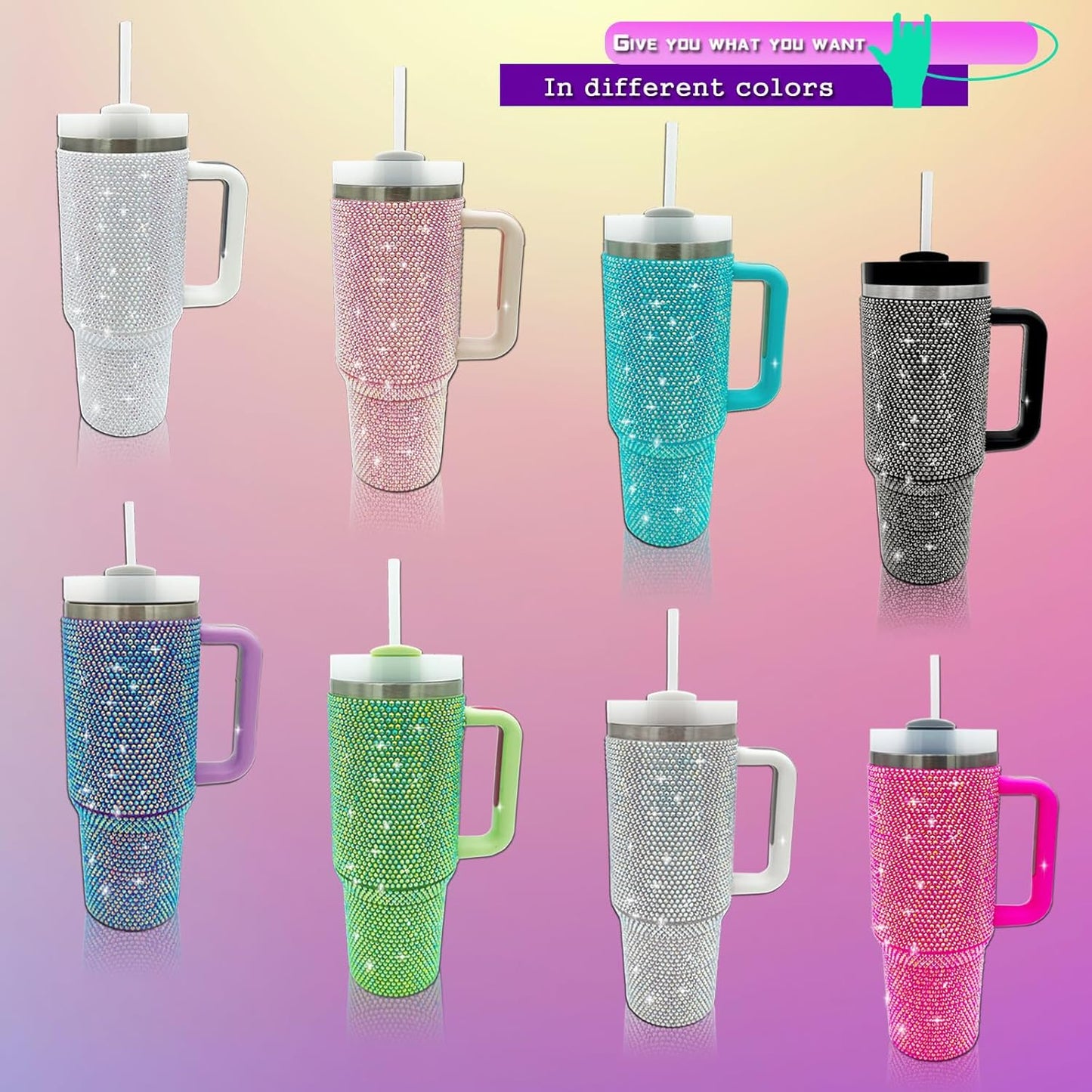 40Oz Bling Tumbler with Handle and Straw Lid Rhinestone Studded Tumbler Cups Vac