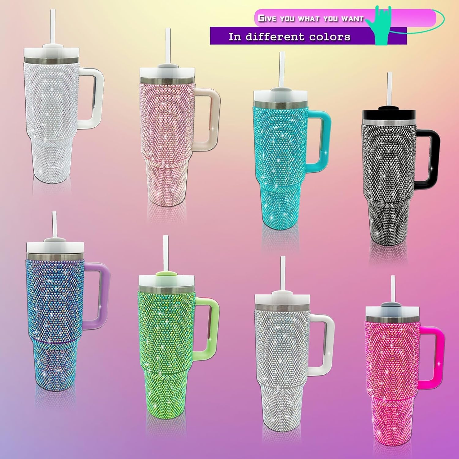 40Oz Bling Tumbler with Handle and Straw Lid Rhinestone Studded Tumbler Cups Vac