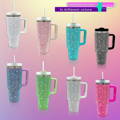 40Oz Bling Tumbler with Handle and Straw Lid Rhinestone Studded Tumbler Cups Vac
