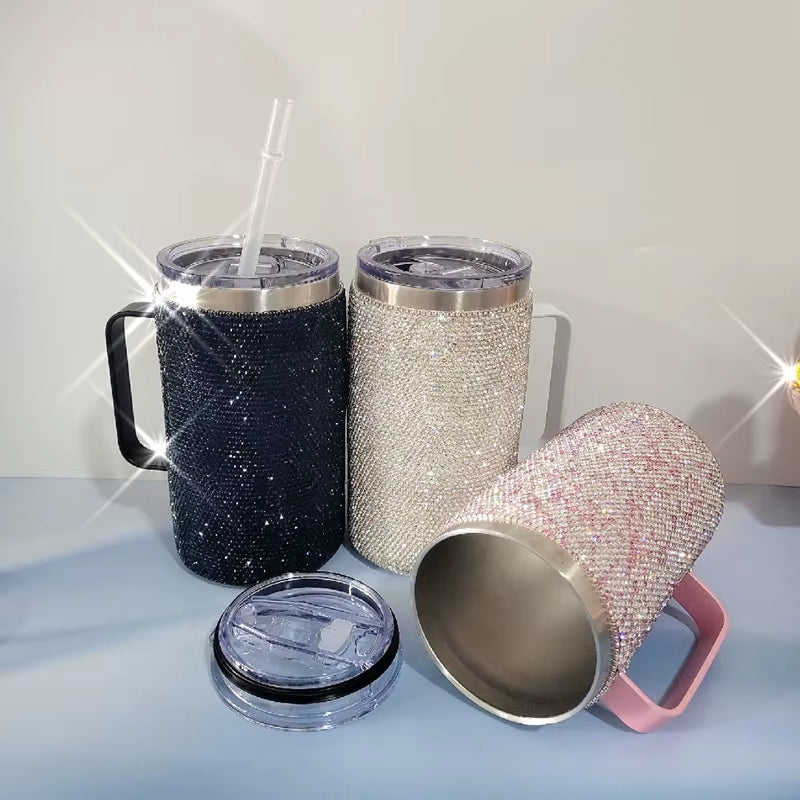 720Ml Stainless Steel Rhinestone Coffee Travel Cup with Handle Lid Diamond Vacuum Insulated Mug Bling Water Bottle Women Gifts