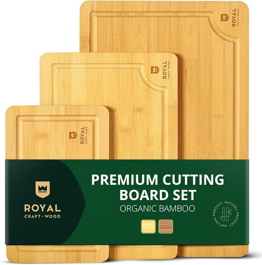 ROYAL CRAFT WOOD Wooden Cutting Boards for Kitchen Meal Prep & Serving - Bamboo Wood Serving Board Set with Deep Juice Groove Side Handles - Charcuterie & Chopping Butcher Block for Meat