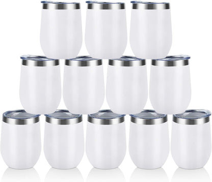 12 Pack Stainless Steel Wine Tumblers, 12Oz Double Wall Vacuum Insulated Wine Tumblers with Lids and Straws, Stainless Steel Stemless Wine Glasses for Coffee, Wine, Cocktails, Champaign, White…