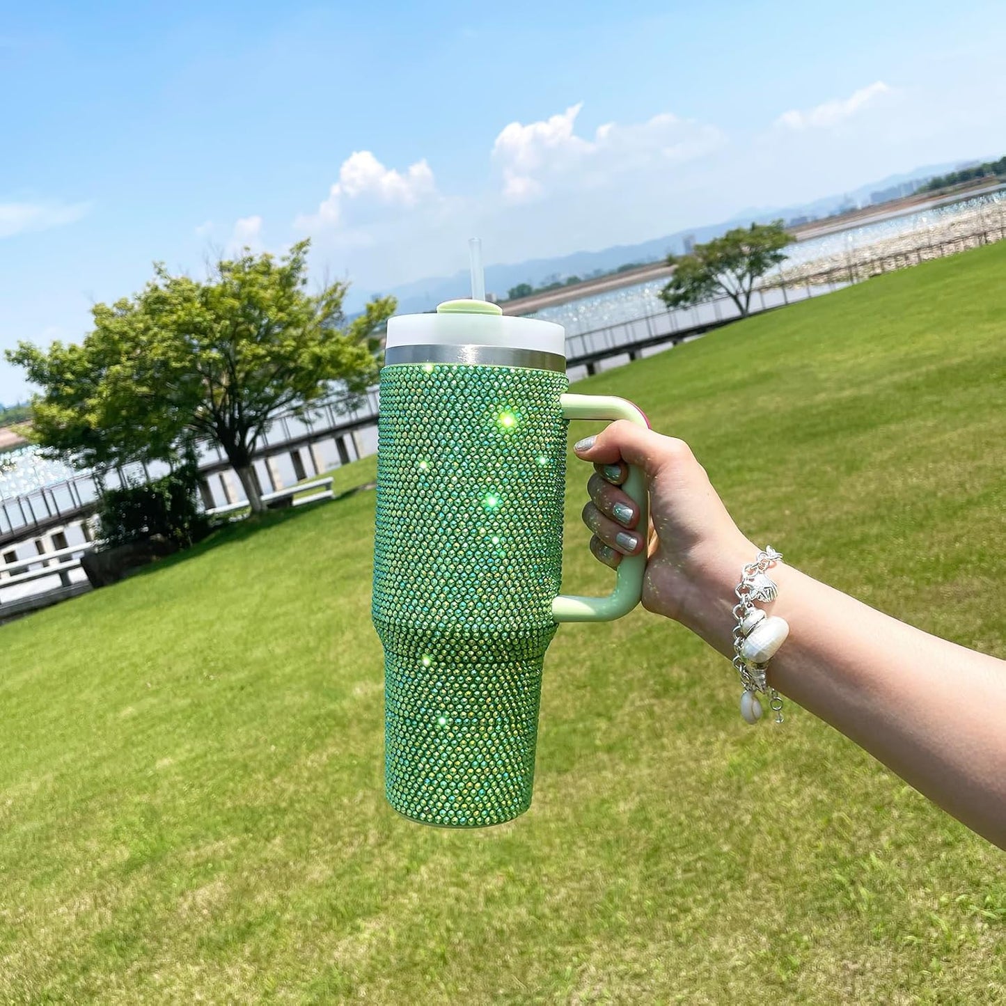 40Oz Bling Tumbler with Handle and Straw Lid Rhinestone Studded Tumbler Cups Vac