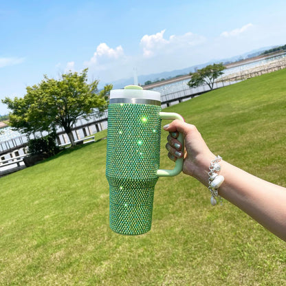 40Oz Bling Tumbler with Handle and Straw Lid Rhinestone Studded Tumbler Cups Vac