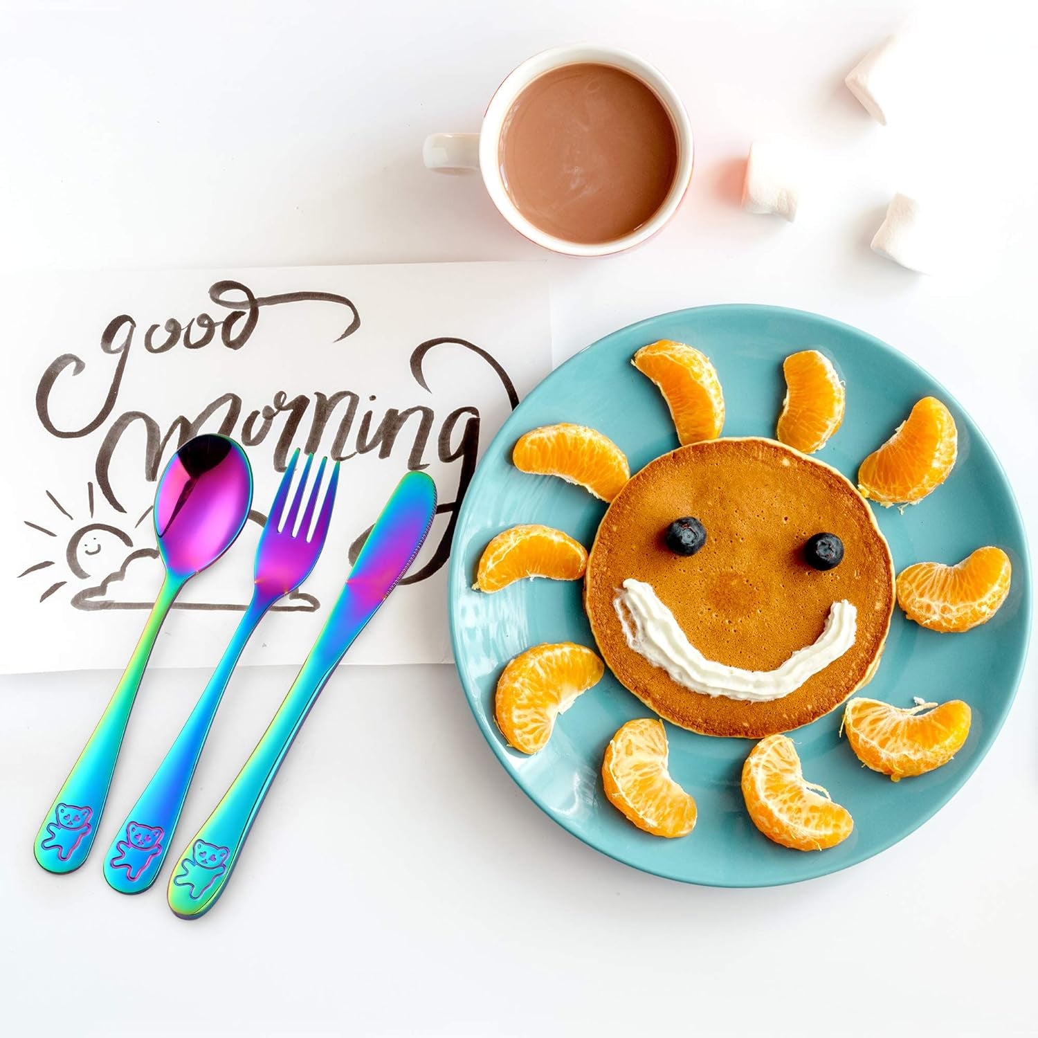 Kids Silverware, Poylim Stainless Steel Children Flatware Set, Toddler Utensils Set of 4, Rainbow