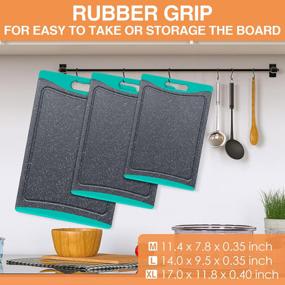 Extra Large Cutting Boards, Plastic Cutting Boards for Kitchen (Set of 3) Cutting Board Set Dishwasher Chopping Board with Juice Grooves Easy-Grip Handles, Turquoise, Empune