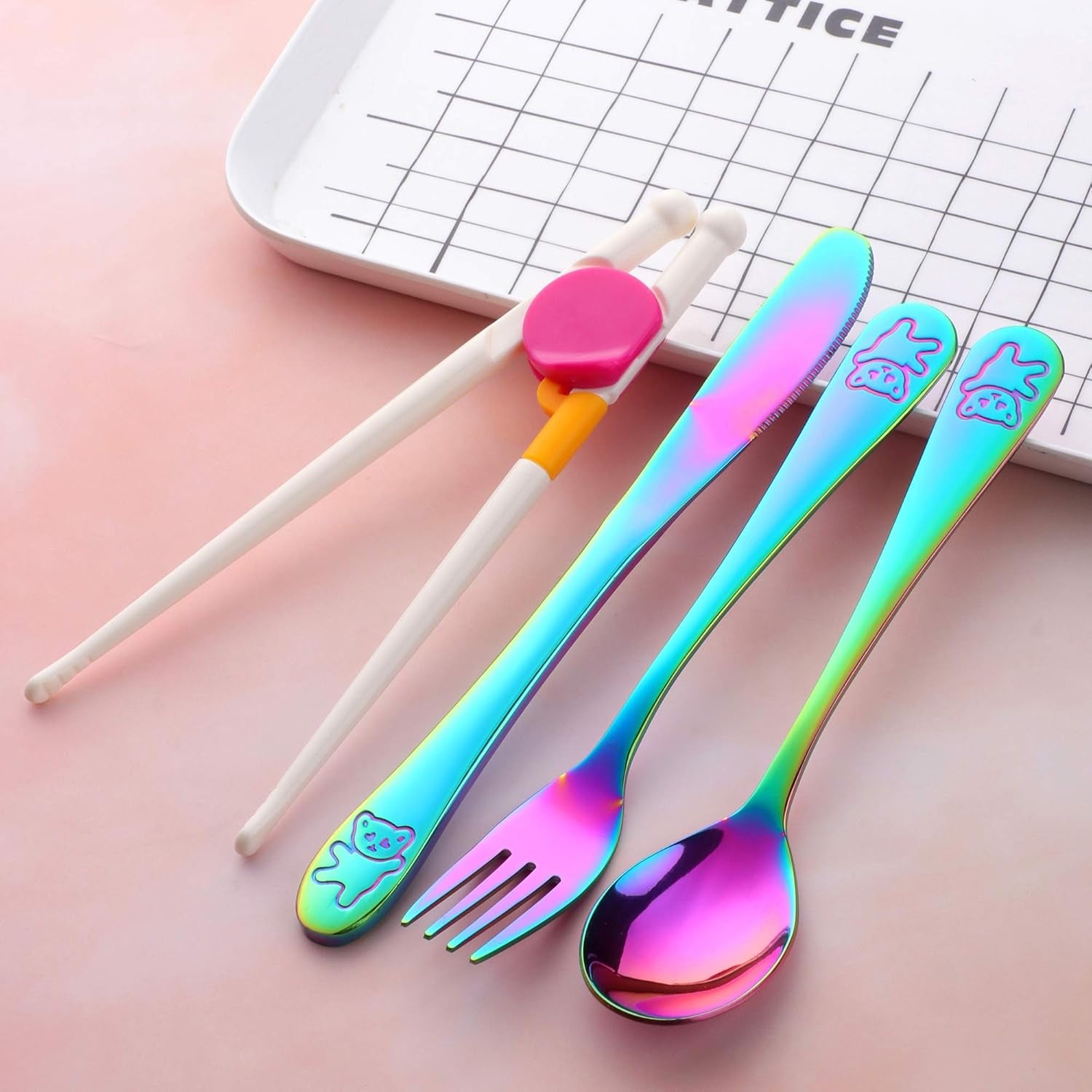 Kids Silverware, Poylim Stainless Steel Children Flatware Set, Toddler Utensils Set of 4, Rainbow