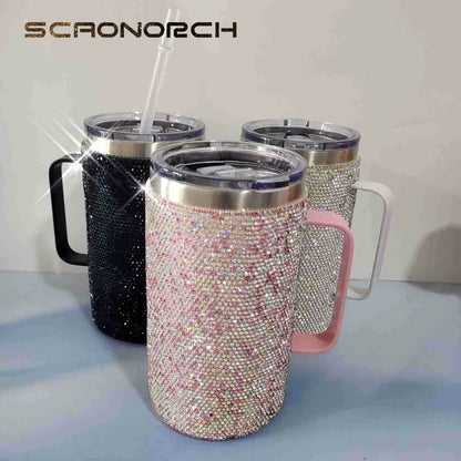 720Ml Stainless Steel Rhinestone Coffee Travel Cup with Handle Lid Diamond Vacuum Insulated Mug Bling Water Bottle Women Gifts