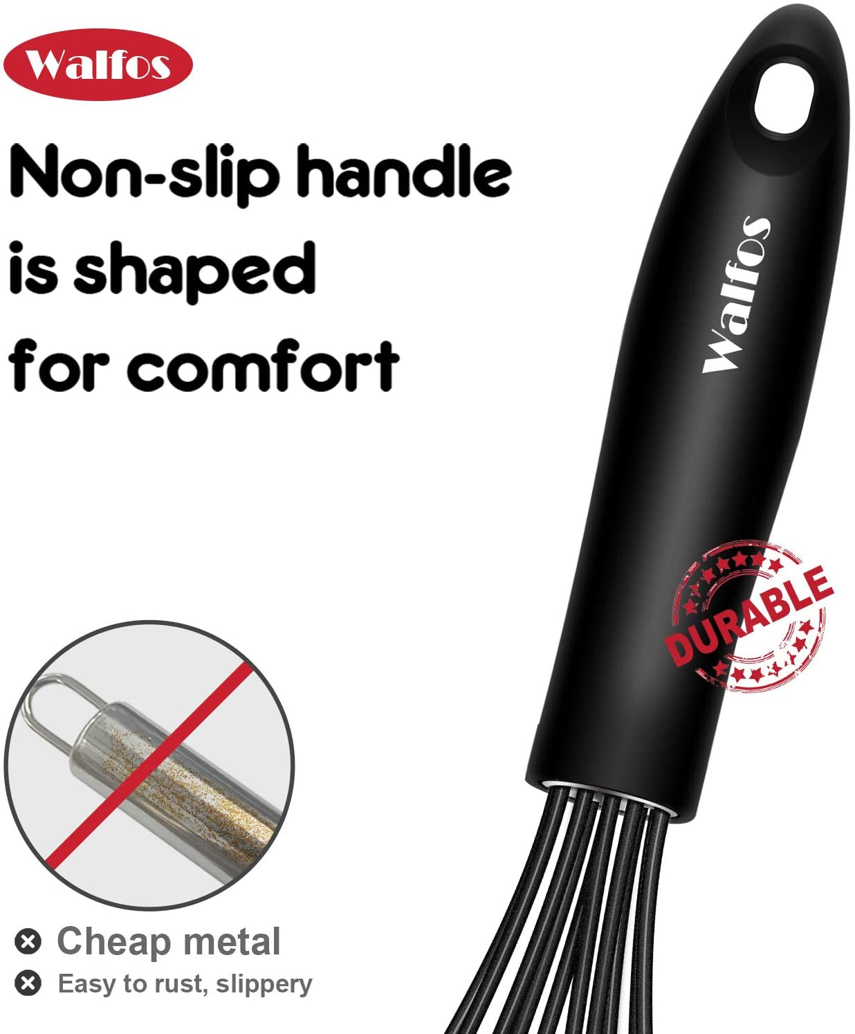 Walfos Silicone Whisk, Stainless Steel Wire Whisk - Heat Resistant Kitchen Whisks for Non-Stick Cookware, Balloon Egg Beater Perfect for Blending, Whisking, Beating, Frothing & Stirring, 8.5", Black
