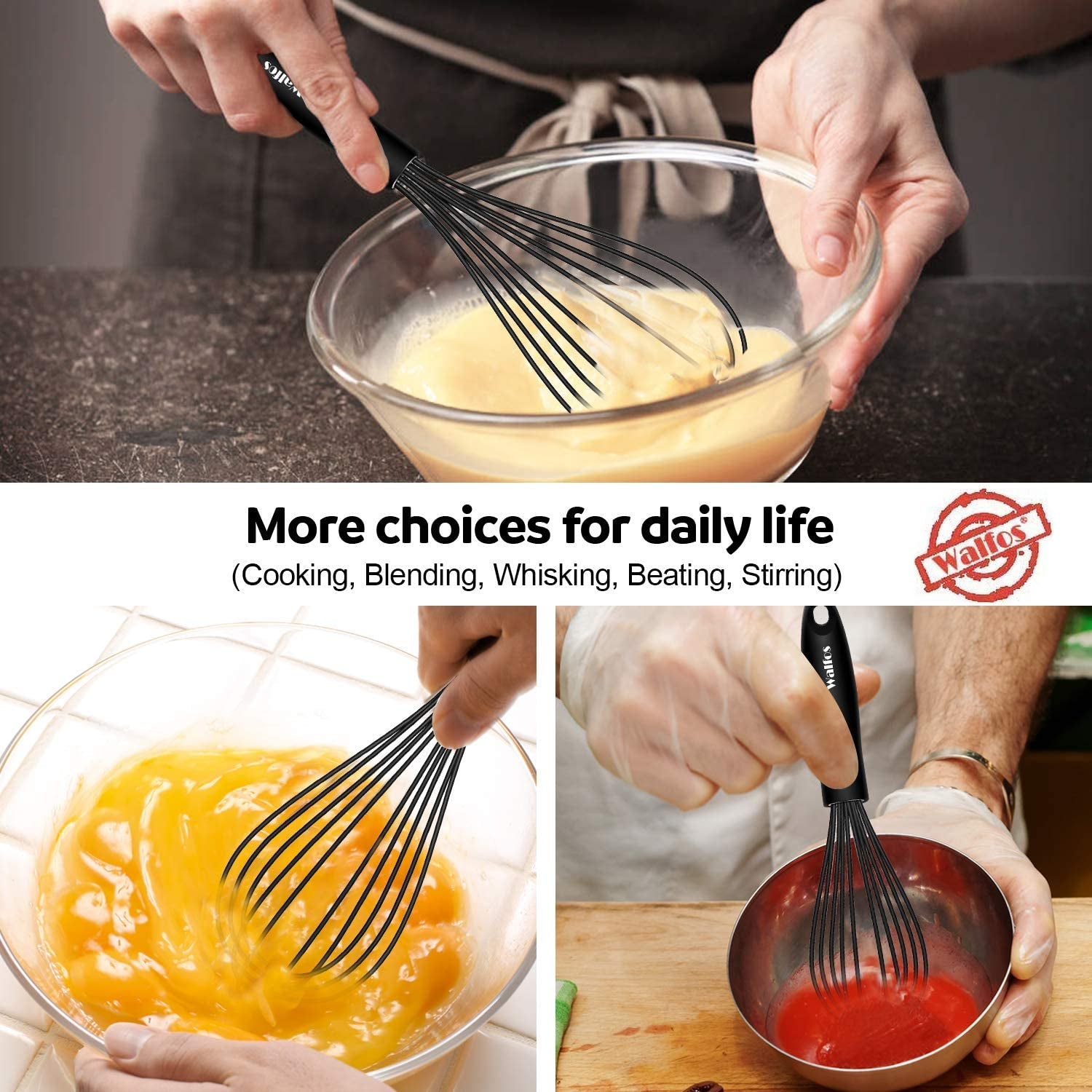 Walfos Silicone Whisk, Stainless Steel Wire Whisk - Heat Resistant Kitchen Whisks for Non-Stick Cookware, Balloon Egg Beater Perfect for Blending, Whisking, Beating, Frothing & Stirring, 8.5", Black
