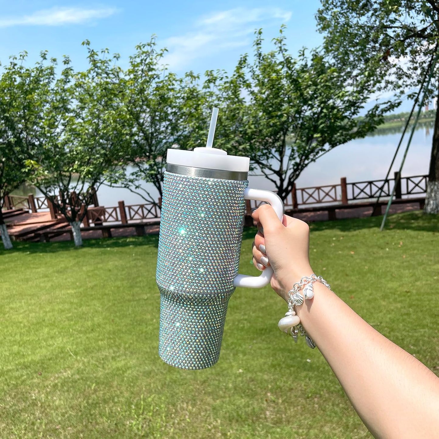 40Oz Bling Tumbler with Handle and Straw Lid Rhinestone Studded Tumbler Cups Vac