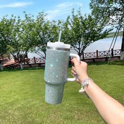 40Oz Bling Tumbler with Handle and Straw Lid Rhinestone Studded Tumbler Cups Vac