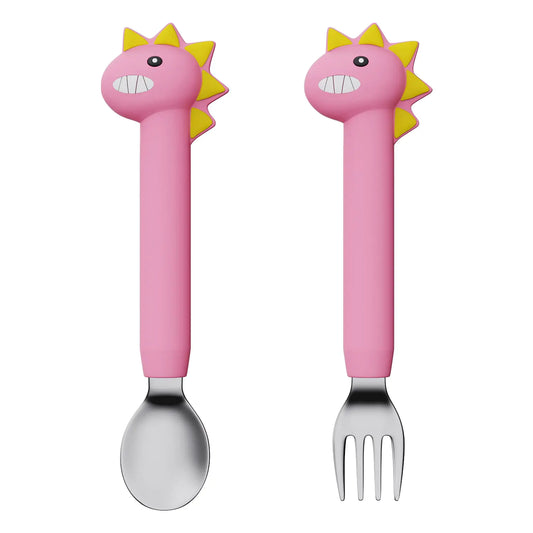 SFCCMM Forks and Spoons Cartoon Set Stainless Steel Utensils Flatware Round Handle Utensils Silverware Flatware Cutlery Set for Home Kitchen and Restaurant (Pink Dinosaur - Long)