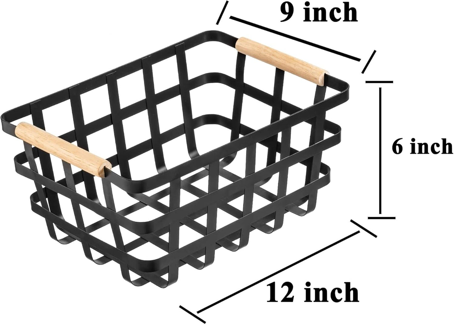 Black Farmhouse Baskets Pantry Baskets with Wooden Handles - Household Storage Organizer for Cabinets,Pantry,Closets,Kitchen,Bedrooms,Refrigerator,Freezer Baskets