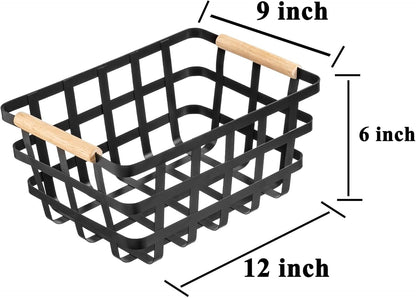 Black Farmhouse Baskets Pantry Baskets with Wooden Handles - Household Storage Organizer for Cabinets,Pantry,Closets,Kitchen,Bedrooms,Refrigerator,Freezer Baskets