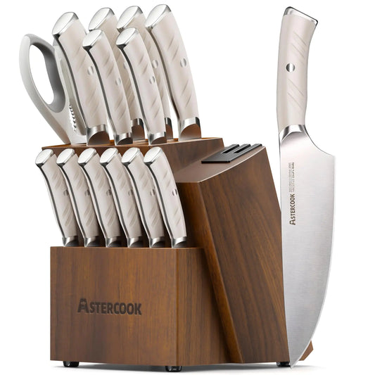 Astercook Knife Set Kitchen with Block and Dual Sharpener Full Tang 15 Pcs German Stainless Steel Knives Dishwasher Safe Kitchen Utensils Set with with and Anti-slip Ergonomic Handle Elegant White