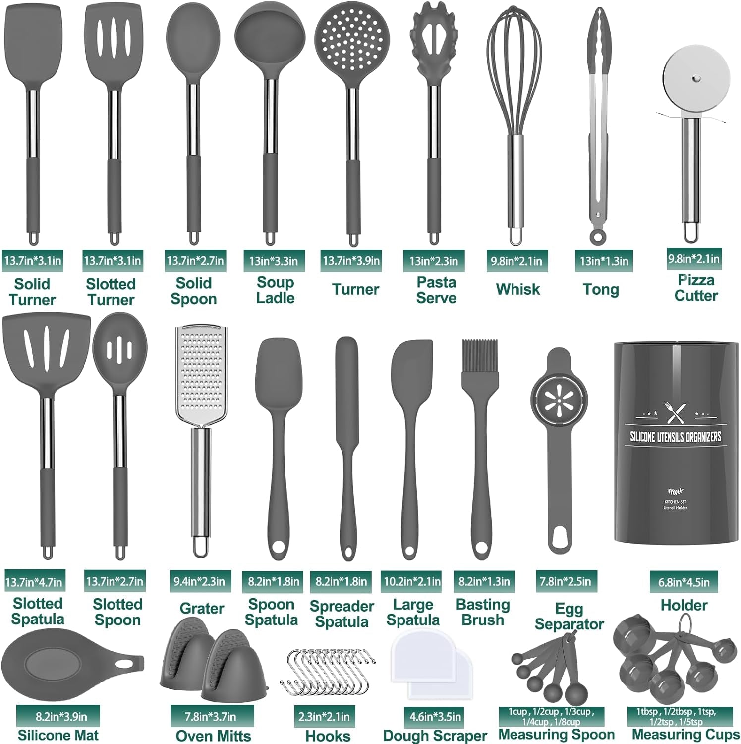 Umite Chef Silicone Kitchen Cooking Utensil Set, 43 Pcs Silicone Spatula with Stainless Steel Handle, Non-Stick Heat Resistant - Best Cookware (Grey)