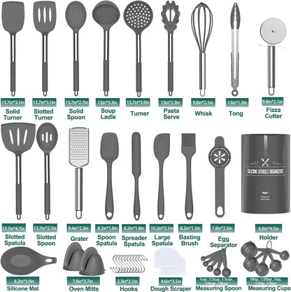 Umite Chef Silicone Kitchen Cooking Utensil Set, 43 Pcs Silicone Spatula with Stainless Steel Handle, Non-Stick Heat Resistant - Best Cookware (Grey)