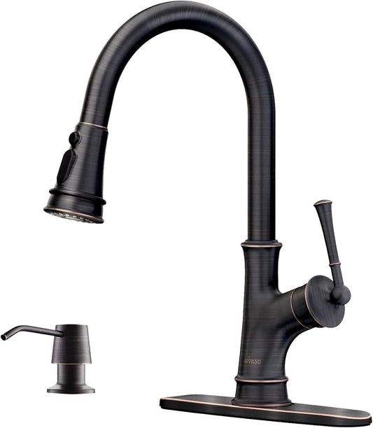 APPASO Brzone Kitchen Faucet with Soap Dispenser, Oil Rubbed Bronze Sink Faucet for Kitchen, Single Handle High Arc Kitchen Sink Faucet