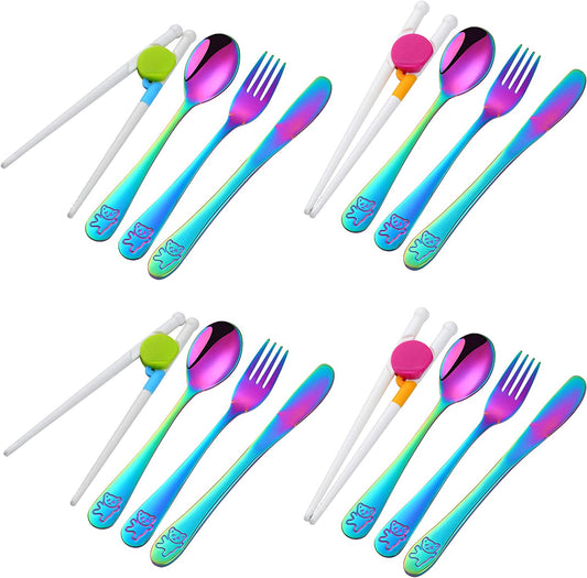 Kids Silverware, Poylim Stainless Steel Children Flatware Set, Toddler Utensils Set of 4, Rainbow