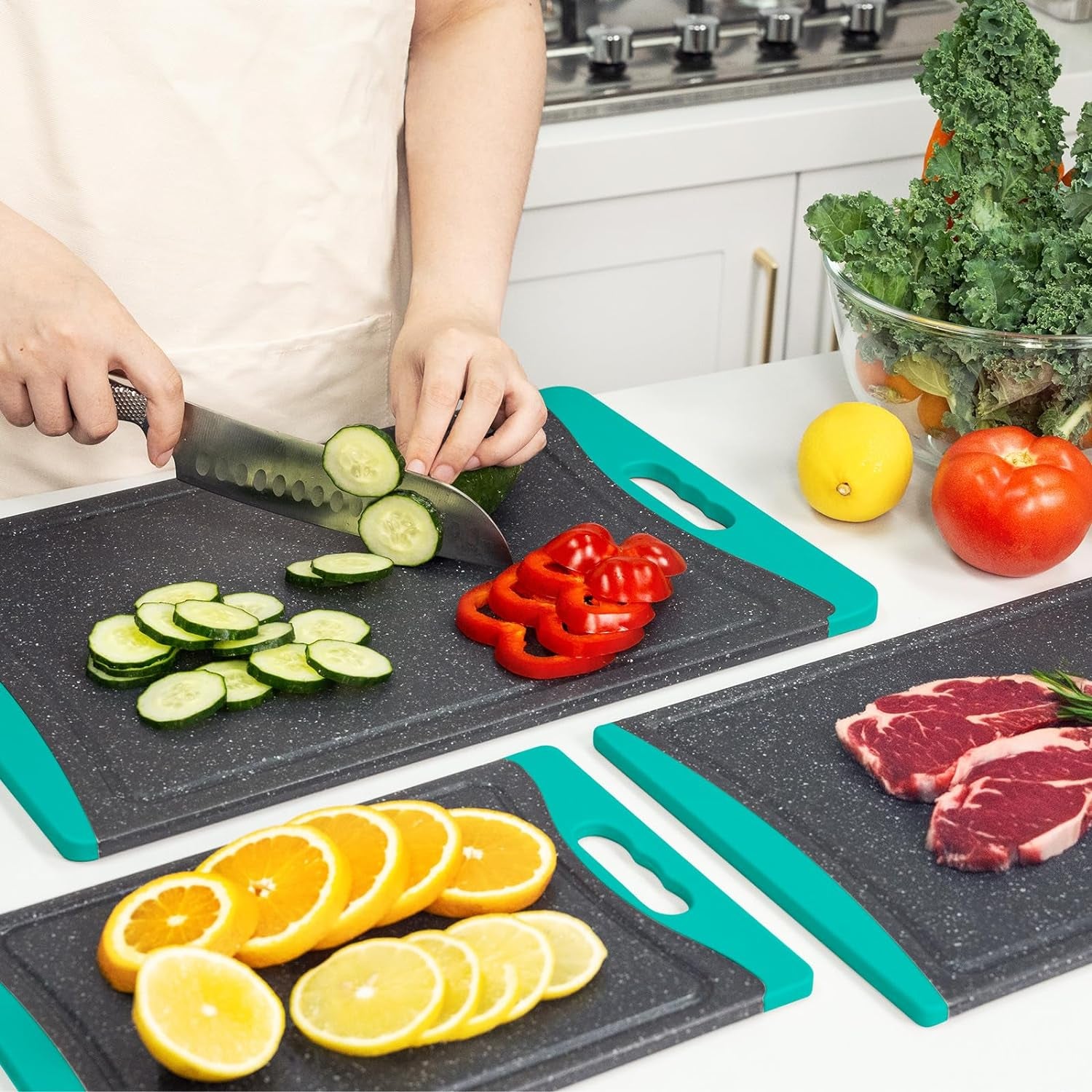 Extra Large Cutting Boards, Plastic Cutting Boards for Kitchen (Set of 3) Cutting Board Set Dishwasher Chopping Board with Juice Grooves Easy-Grip Handles, Turquoise, Empune