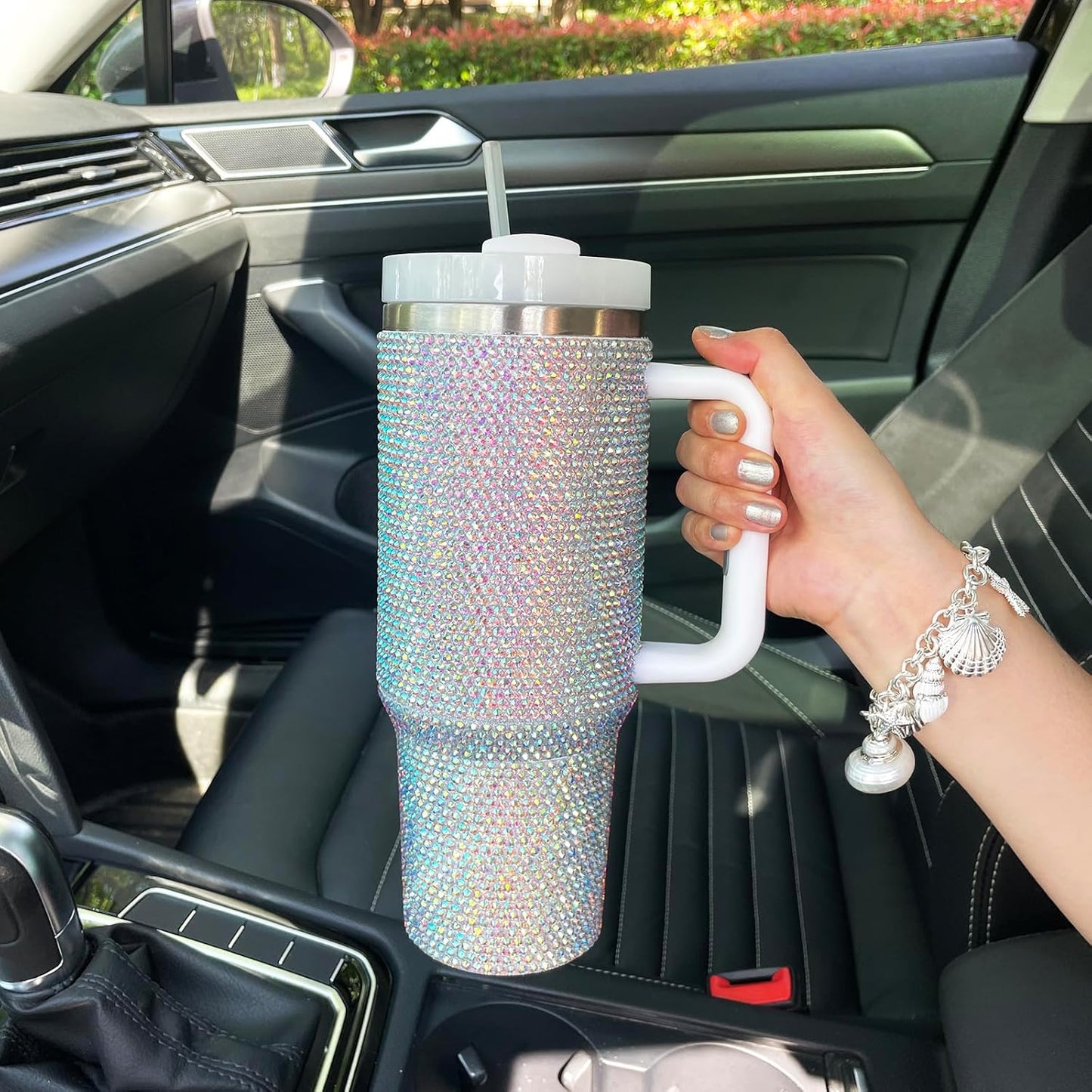40Oz Bling Tumbler with Handle and Straw Lid Rhinestone Studded Tumbler Cups Vac